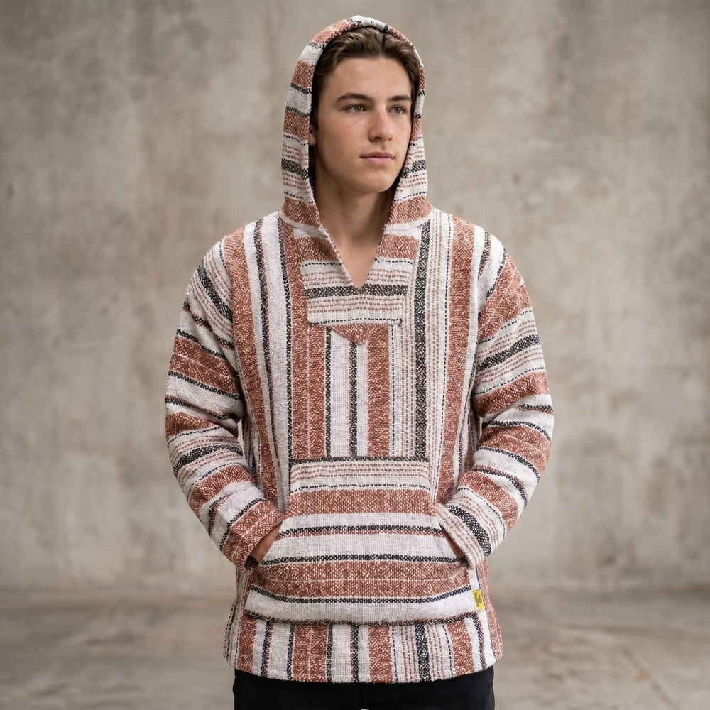 Iguana Jack Mens Large Orange Striped Hoodie Baja Drug Rug Pullover Woven